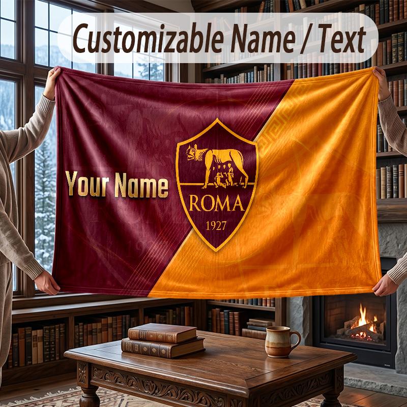 Custom Name Flannel Throw Blanket AS Roma FC Pattern Warm Home Decoration