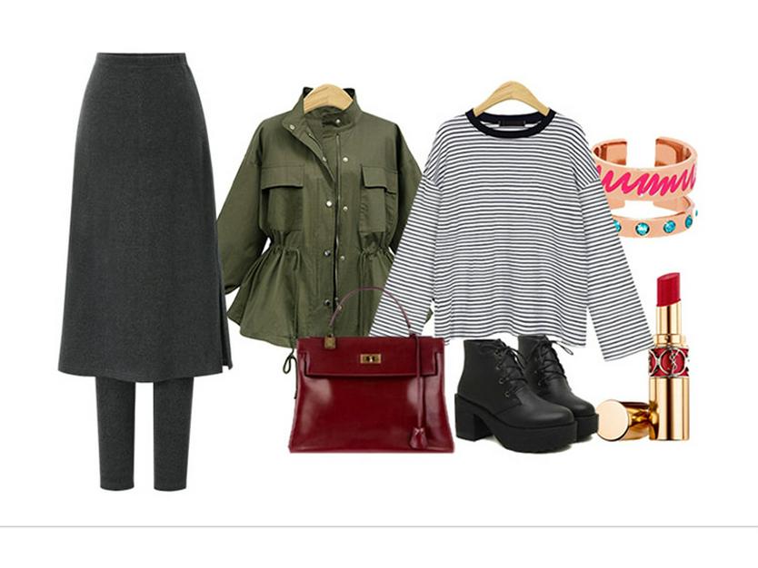High Waist Korean Style Fleece-Lined Two-Piece Skirt Leggings - Autumn/Winter Slimming Plus Size Midi with Slit