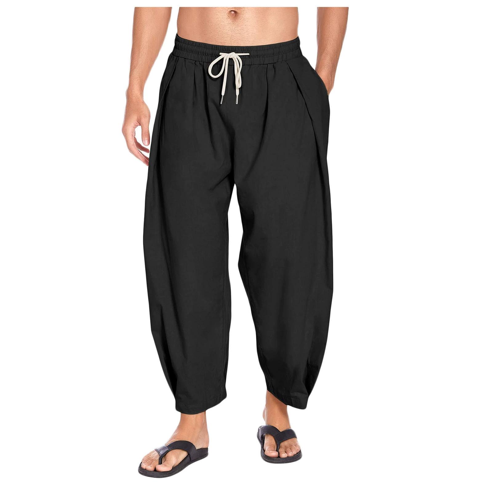 

Cotton and Linen Harem Pants Men Streetwear Loose Joggers Men Trousers Casual Solid Color Lightweight and Breathable Pants XXXL