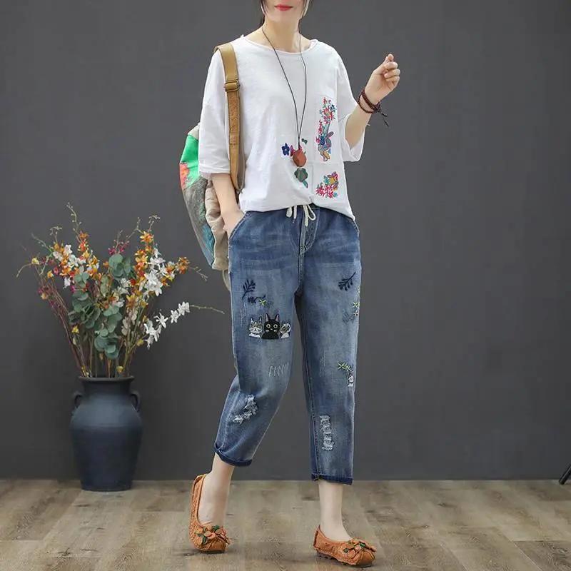 Embroidery Ankle-Length Baggy Jeans Elastic High Waist Capris Lace Up Harem Denim Pants Women  Oversized Pantalon