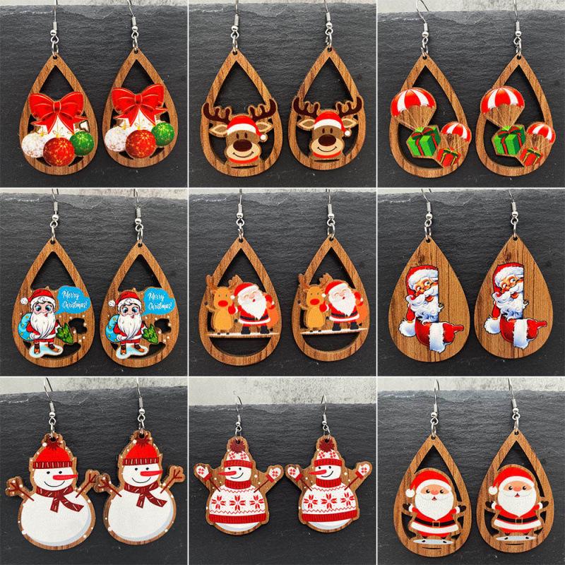 Teardrop Santa Claus Bell Car Red Ornaments: Wooden Christmas Earrings
