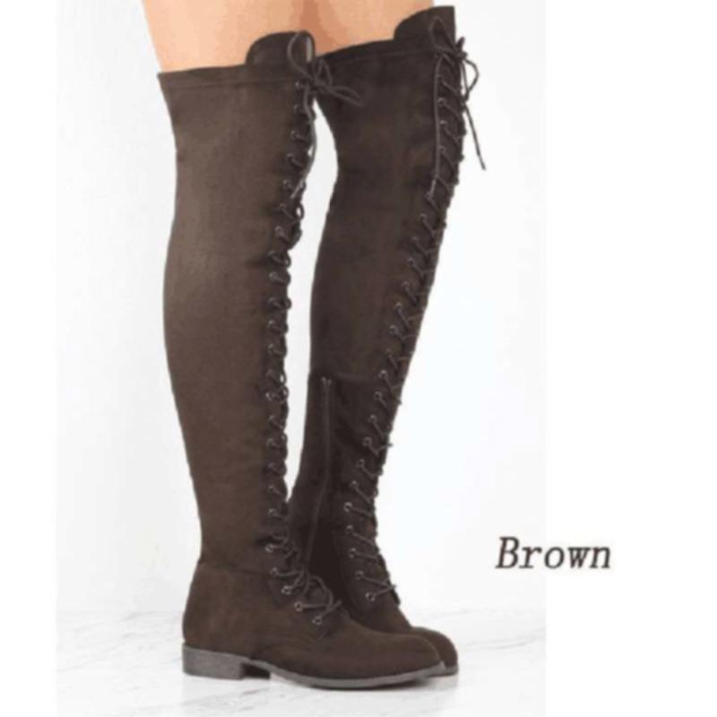 Women's Over-the-Knee Lace-Up Flat Boots, Plus Size Fall Winter Leather Boots, Ready-to-Ship Shoes