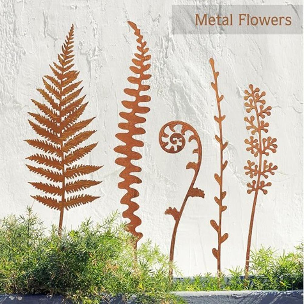 Vintage Metal Garden Stakes Set of 5 for Outdoor Use to Add Decorative Flair to Lawns Flower Beds Pathways and Porch Areas