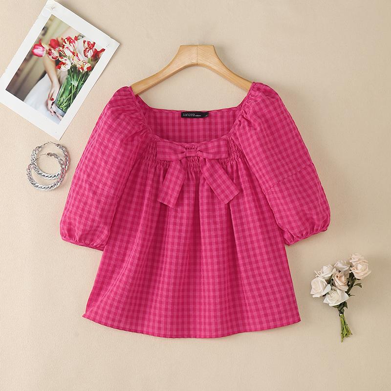 ZANZEA Women Square Collar Casual Short Sleeve Grid Print Blouse