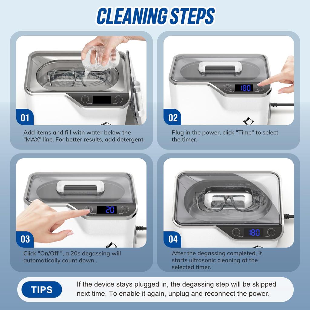 LifeBasis Ultrasonic Cleaner 600ml, Powerful Cleaning with Strong Transducer, Improved Specifications, 42,000Hz, Eyeglass Cleaner, 5-Stage Timer, Ultr