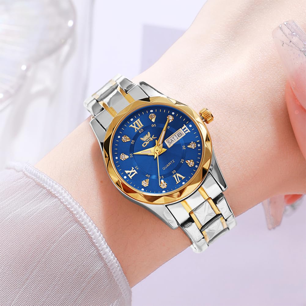Stylish quartz watch for featuring a day and date round 30mm stainless diamond and water resistance women's commuting, calendar, display, face,