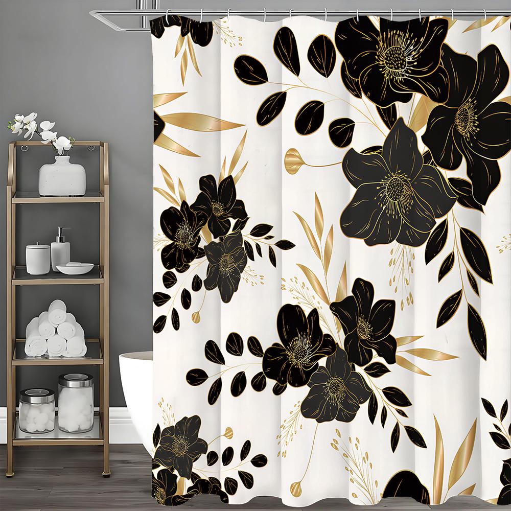 Black Floral Shower Curtain, Black Floral and Gold Leaf Shower Curtain Set for Bathroom, Natural Fabric Shower Curtain with Hook