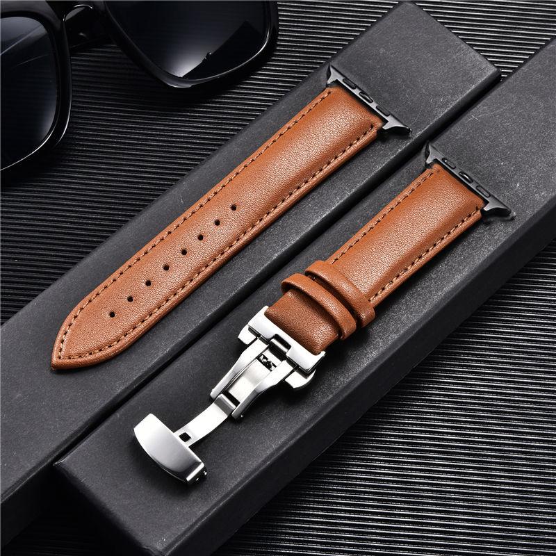 Leather Watchbands for Apple Watch 10 9 8 7 6 5 4 3 SE Ultra Butterfly Clasp Replace Wrist Strap 46mm 41mm 42mm 44mm 45mm Band for Iwatch