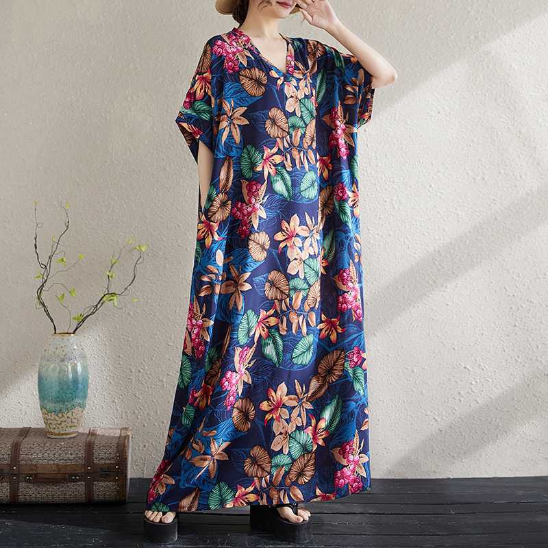 

Summer Cotton and Linen Printed V-neck Loose Oversized Simple Long Skirt One size синий