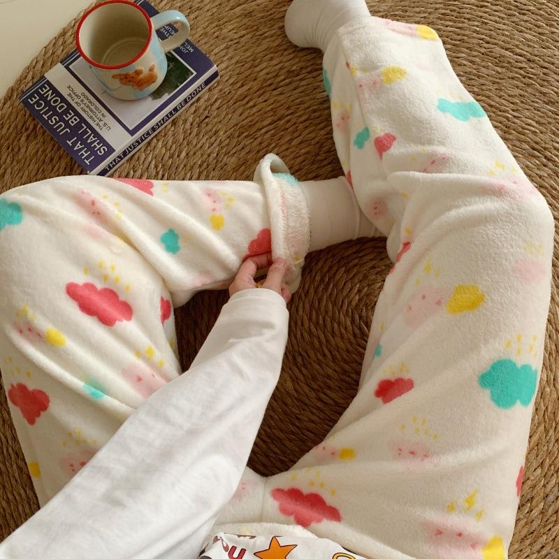 Cartoon Flannel Pajama Pants for Women - Winter Warm Fleece Lounge Pants, Coral Velvet Sleepwear Bottoms for Students, Cozy Home & Outdoor Wear