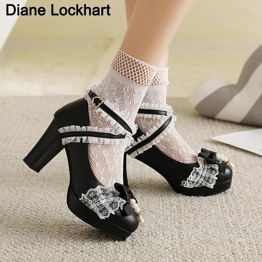 Fashion 2025 Summer New Ladies Platform Heels Cute Bow Lace Princess Mary Jane Lolita Shoes Party High Heel Buckle Women Pumps Pink 32