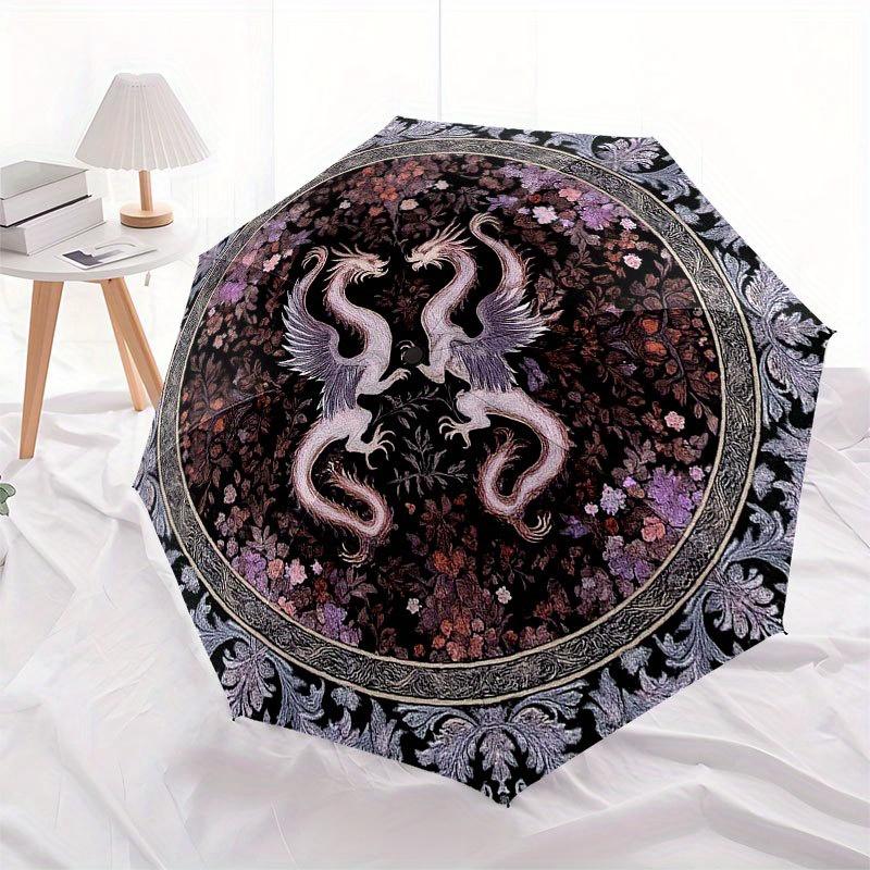 Dragon Dance: Circular Floral Rug, Luxury Home Decor Umbrella, Cute Umbrella with Cute Design, Portable 3-Fold Compact Umbrella for Men & Women, Valen