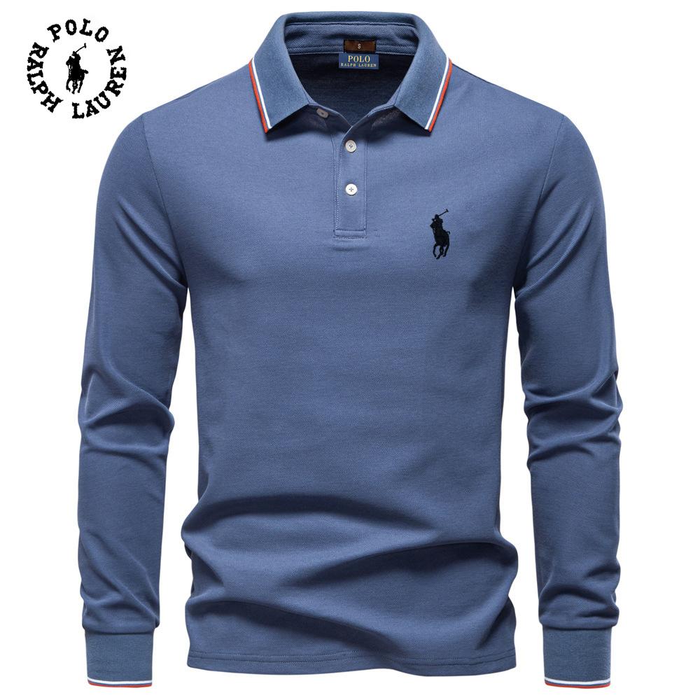 Polo Ralph Lauren 2025 Podzimní Nové Výšivky Pánské Polo tričko s dlouhým rukávem, Jednobarevný Pánský top s klopou, Všestranné Polo tričko pro muže