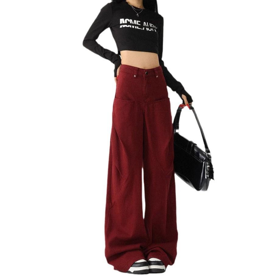 Women's Retro High-Waist Red Wide-Leg Jeans - Slimming, Versatile & Trendy