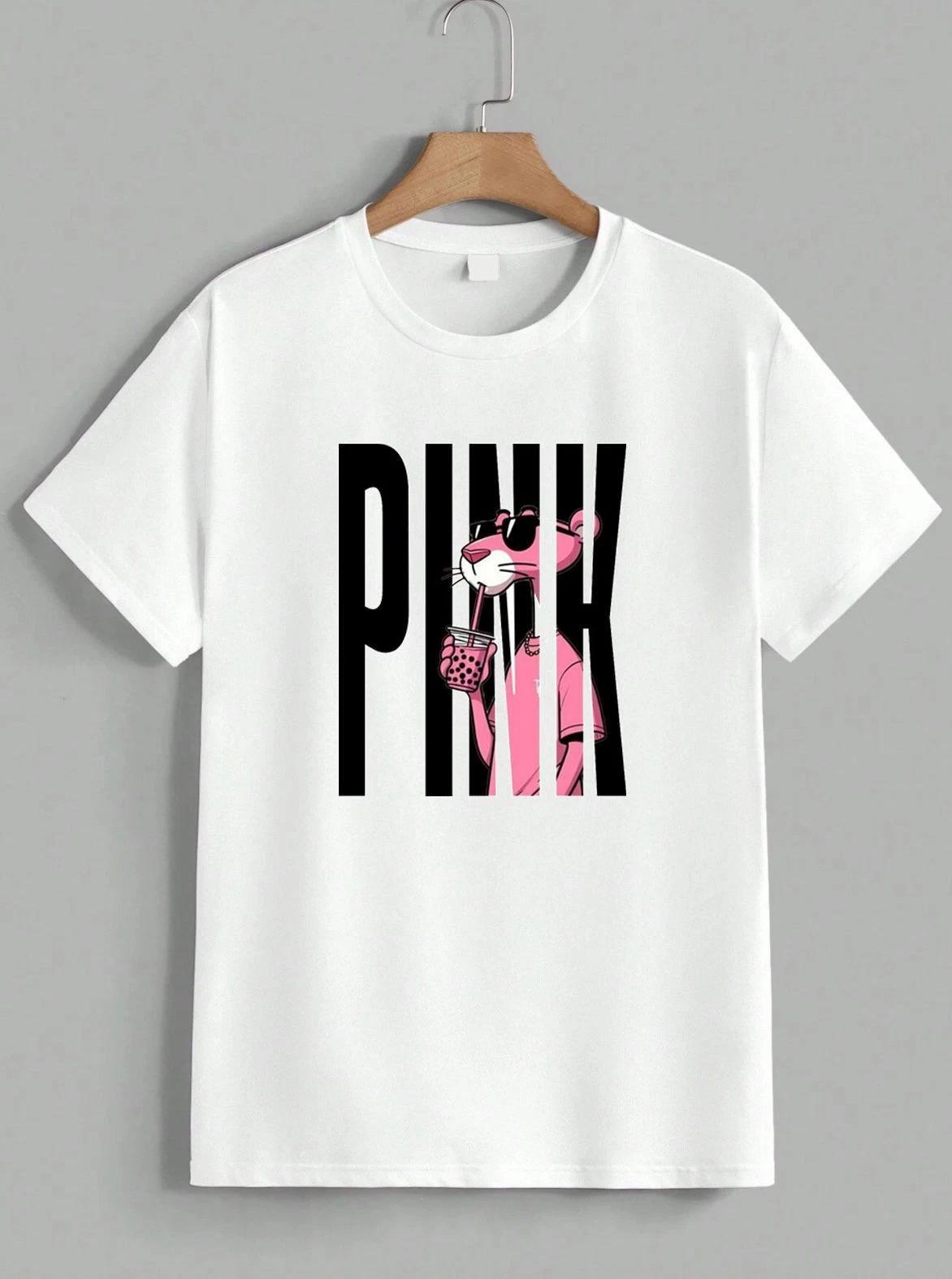 Pink Panther Bubble Tea T-shirt Cartoon Character Graphic Novelty Swag Unisex L