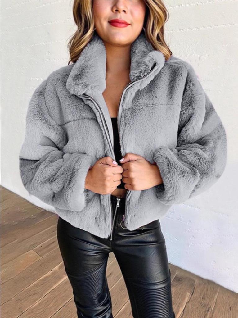 2025 European & American Women's Plush Faux Fur Zipper Cardigan Coat for Autumn & Winter