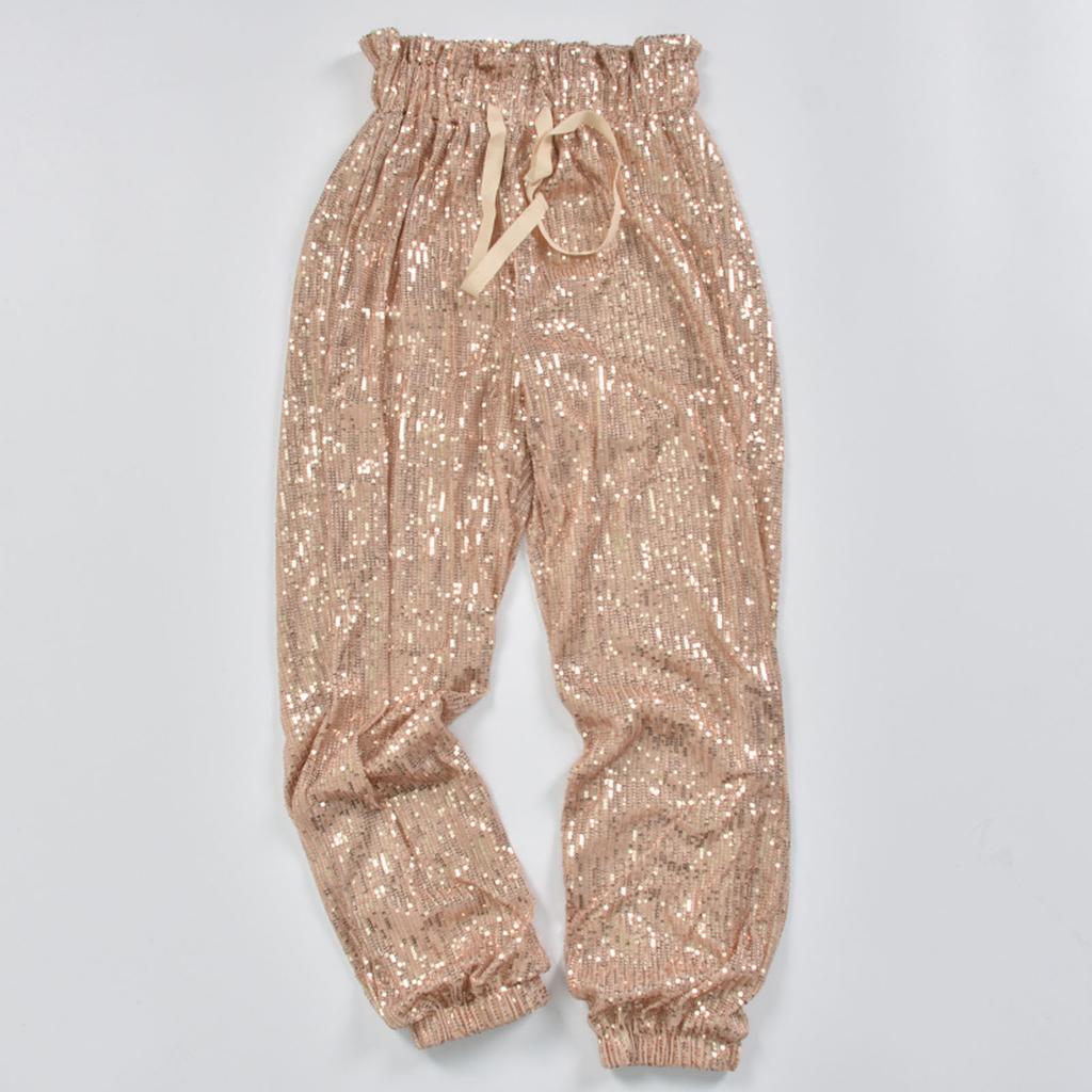 Gold Sequin Glitter Pants High Waist Long Pants Women Party Club Trouser Outfit Legged Casual Pants