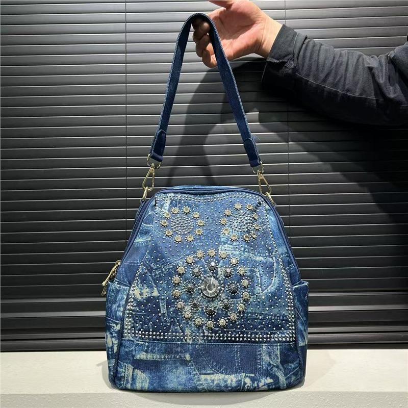 Neutral Denim Washed Denim Backpack Large Capacity Diamond Elegant Multifunctional Shoulder Bag