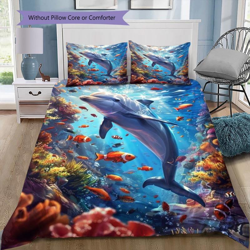 Ocean Dolphin Coral Tropical Fish Underwater Print Duvet Cover Set 3Pcs Marine Animal Bedding Bedroom Home Decor Without Pillow Core Comforter
