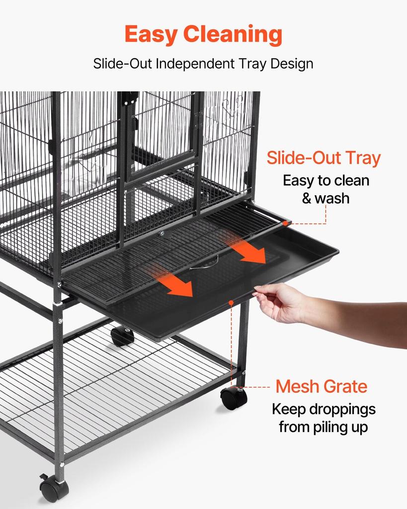 Bird Cage, 625 x 425 x 1370 mm, Flat Top, Wrought Iron Bird Flight Cage with Perches, Slide-Out Tray and Plastic Feeders, Casters, for Parrot, Blue