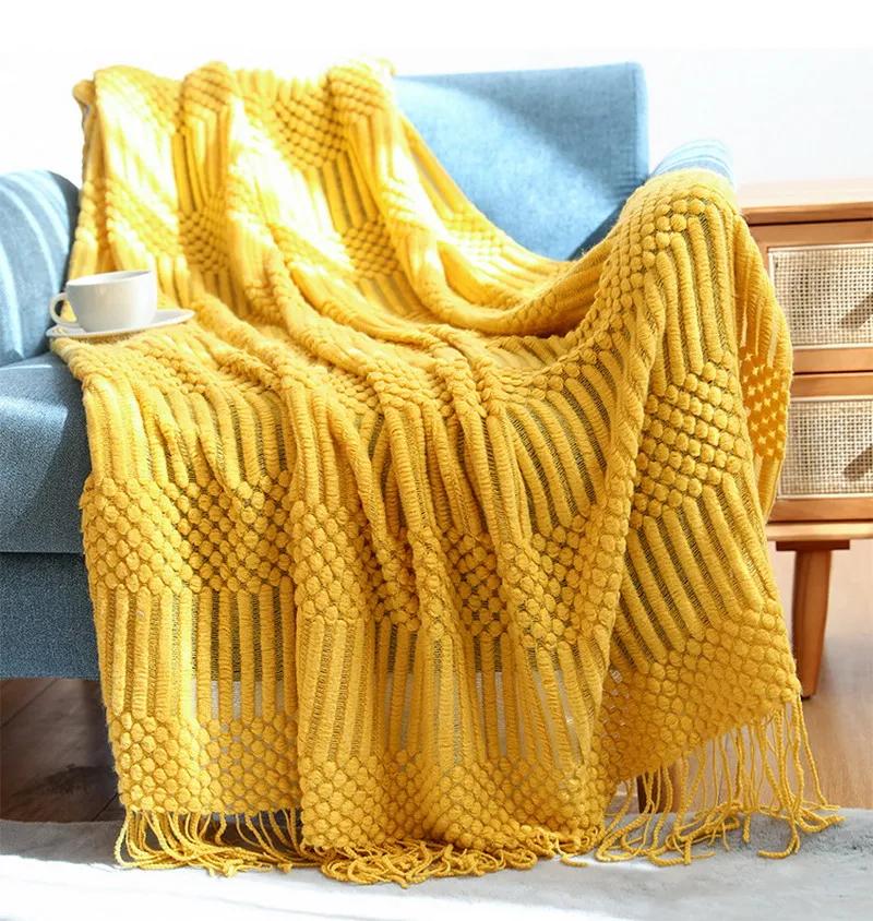 Luxury Solid Color Fringe Bean Blankets Tassels Knitted Throw Blanket Chunky Cozy Farmhouse Gift All Season Comfort For Home