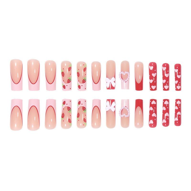 Valentine's Day Pink Peach Heart Bow Strawberry Long Water Pipe French European and American Fake Nails Sweet Wearing Nail Art Tablets