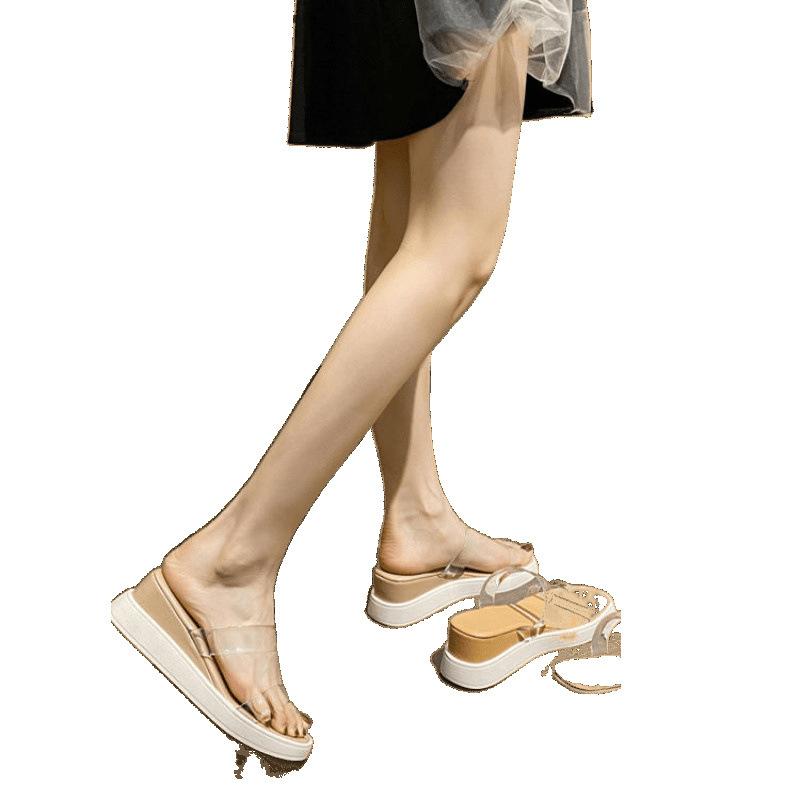 Slippers female summer go out new summer sexy high heels platform wedge heel word with transparent slippers outside wear