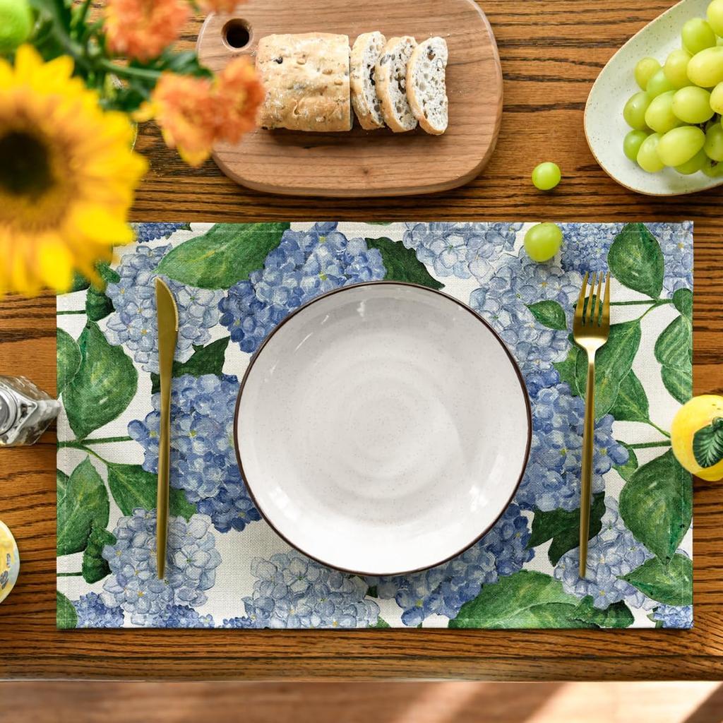 4PCS Watercolor Hydrangea Butterfly Placemats,12x18 Inch Spring Summer Table Mats for Party Kitchen Dining Table Decoration