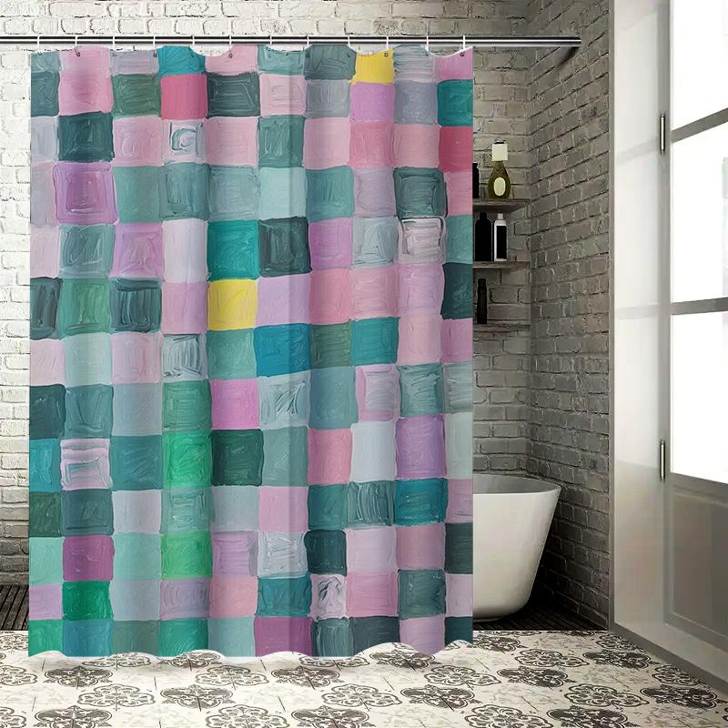 Modern Bathroom DecorVibrant Watercolor Checkered Shower Curtain Set for Bathtub Pastel Colors Collection 90x180cm