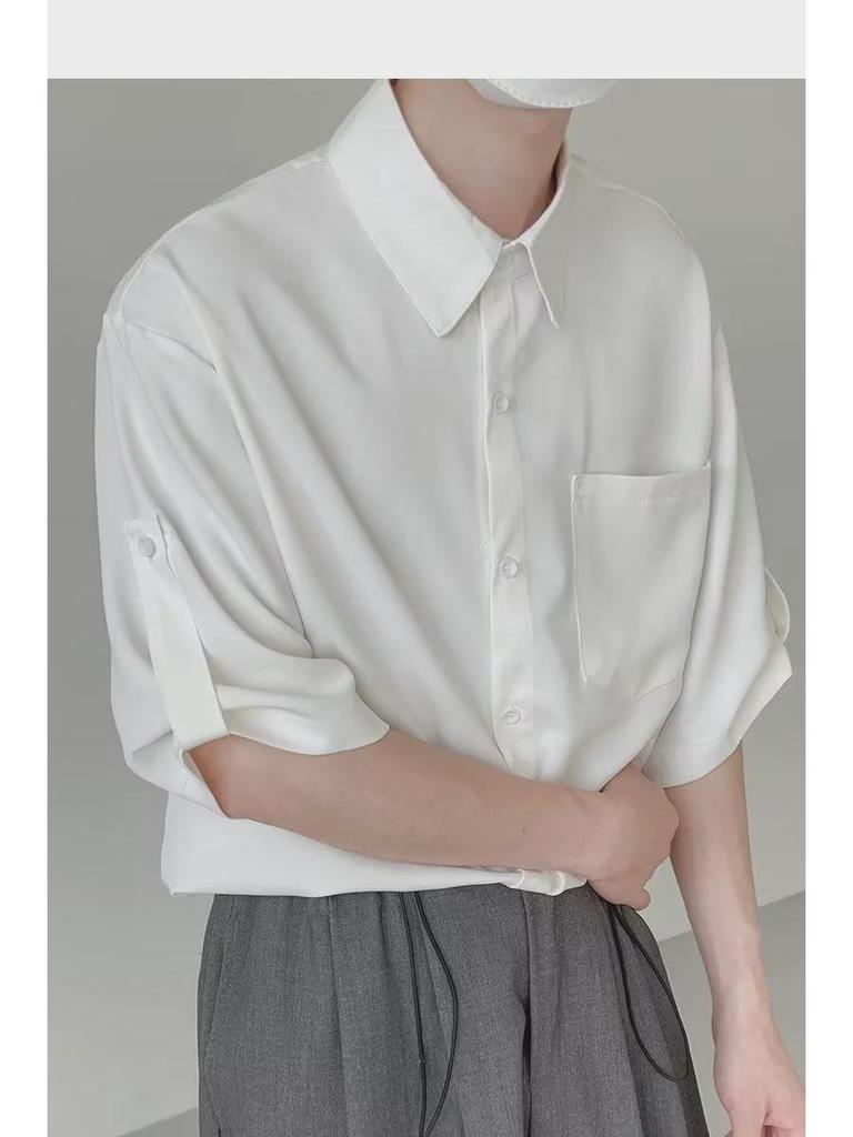 Men's Ice Silk Five-Point Sleeve Shirt - Loose, Wrinkle-Free Korean Fashion, Versatile Summer Top