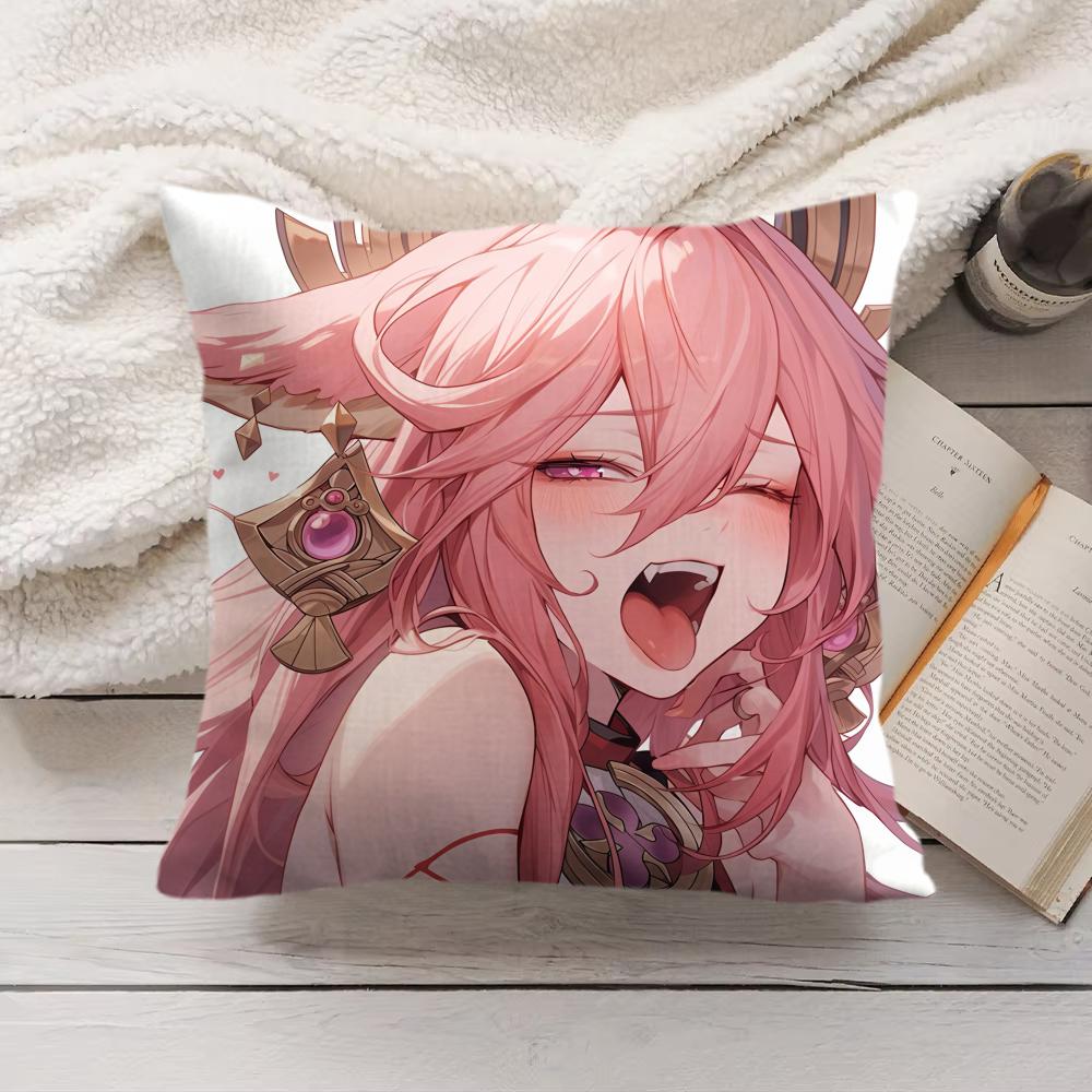 Yae Miko Genshin Impact Cushion Cover Silky Short Plush Invisible Zipper Dustproof Sofa Pillow Case For Home Decor