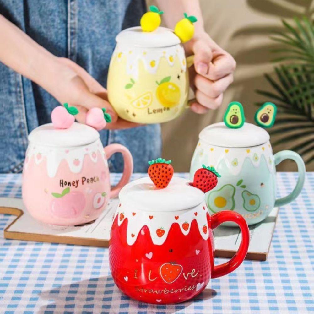 450ML Capacity Strawberry Mug Pink Color Ceramic Mug Cute Design Porcelain Mug Student Use