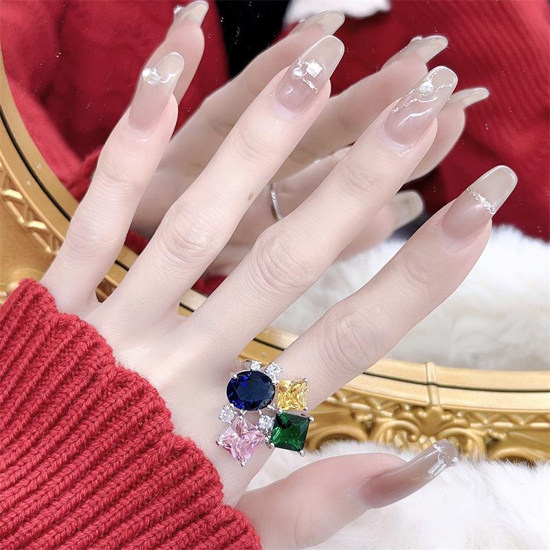 Adjustable Colorful Zirconia Gem Ring for Women – Trendy, Versatile, Fashionable Internet Style