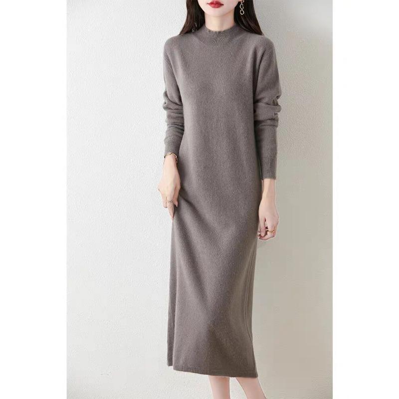 Pullover Casual Half-high Neck Solid Color Long Cashmere Sweater Dress for Women's Autumn and Winter New Knitted Straight Long Skirt