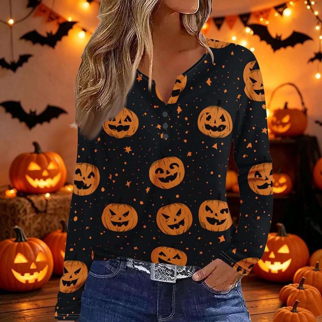 Women's Halloween Print V-Neck Long Sleeve T-Shirt with Decorative Buttons Casual Top