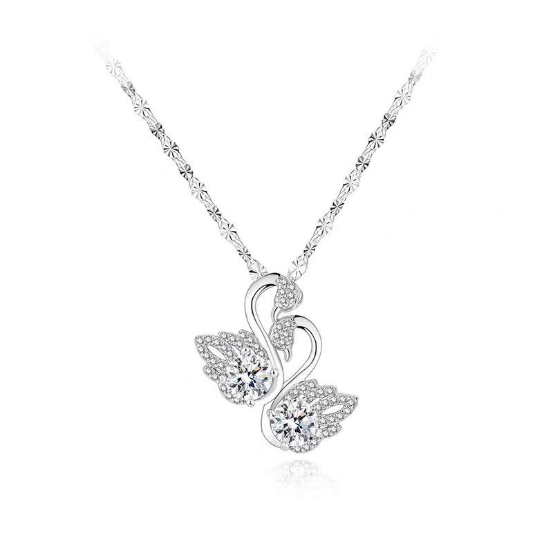 Elegant White Gold Double Swan Pendant Clavicle Necklace for Women 45cm