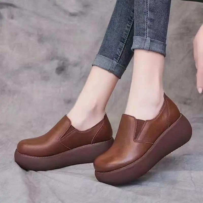 Soft Leather Wedge Heel Round Toe Deep Mouth Single Shoes Women's Four Seasons Waterproof Platform Non-slip Wear-resistant Work Women's Shoes