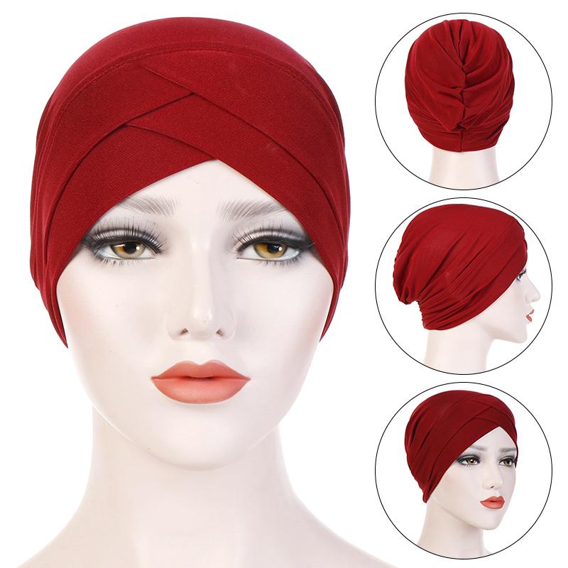 1Pc Hijab Breathable Solid Color Female Head Wrap Cross Forehead Polyester Headwrap Women's Turban