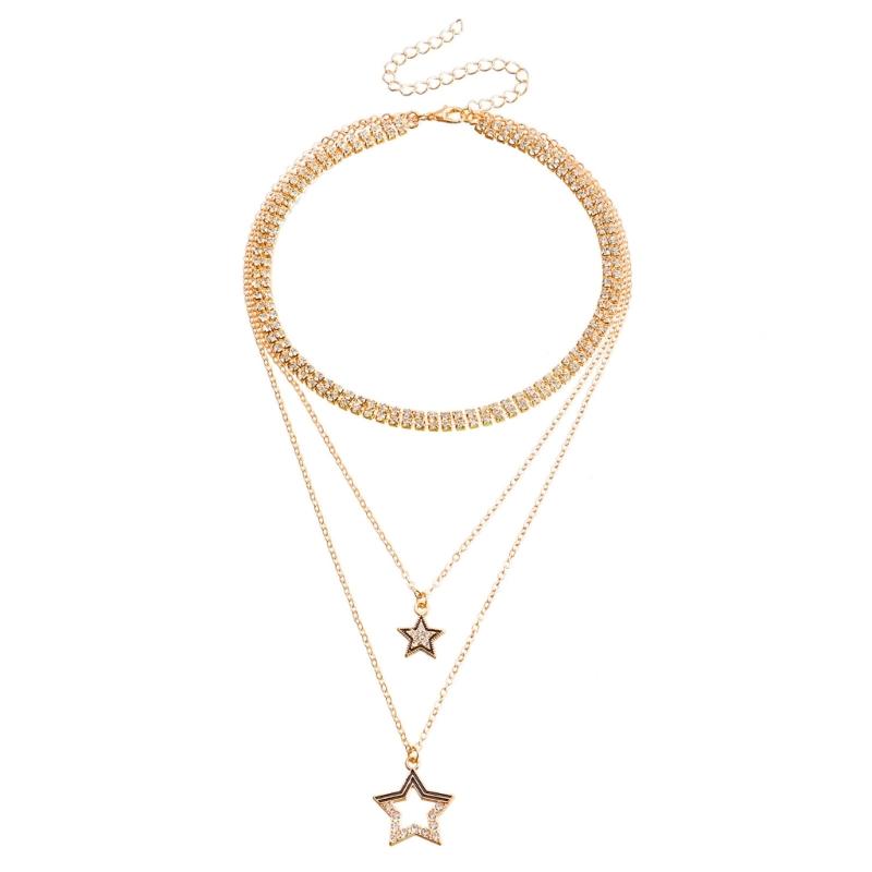 Ретро Многослойное Микроинкрустированное Алмазами Цепочка-Коготь Пятиконечная Звезда Ожерелье Женское Перекрывающееся Полое Звезда Ожерелье 1
