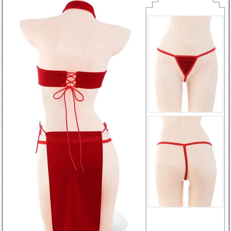 Retro Cheongsam Uniform High Slit Chinese Sexy Lace Qipao Lingerie Party Queen Erotic Costume Night Club Passion Wear Temptation