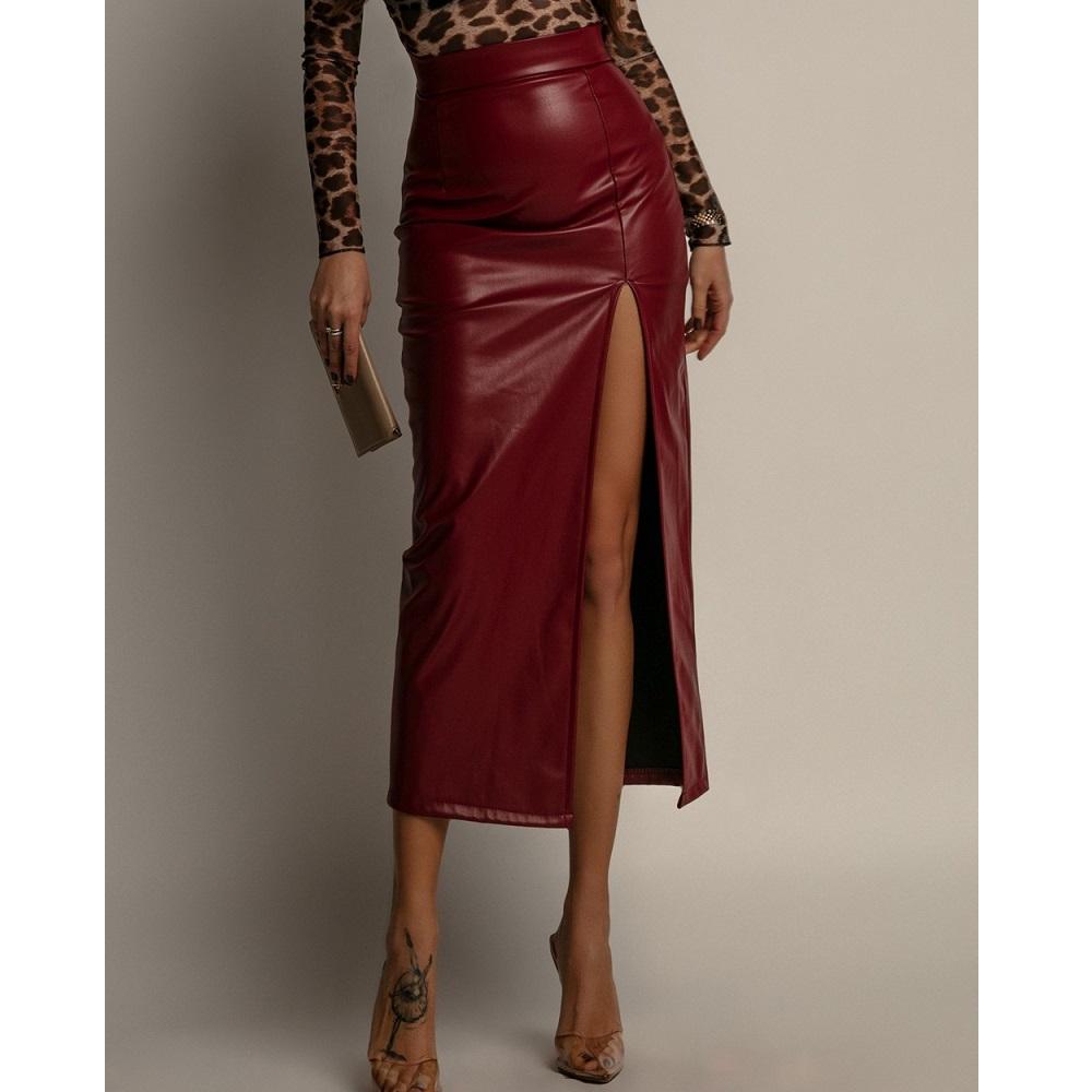 

Women High Waist PU Leather Long Skirts Ladies Fashion Elegant Maxi Skirt With Side-slit XL вина червоного кольору