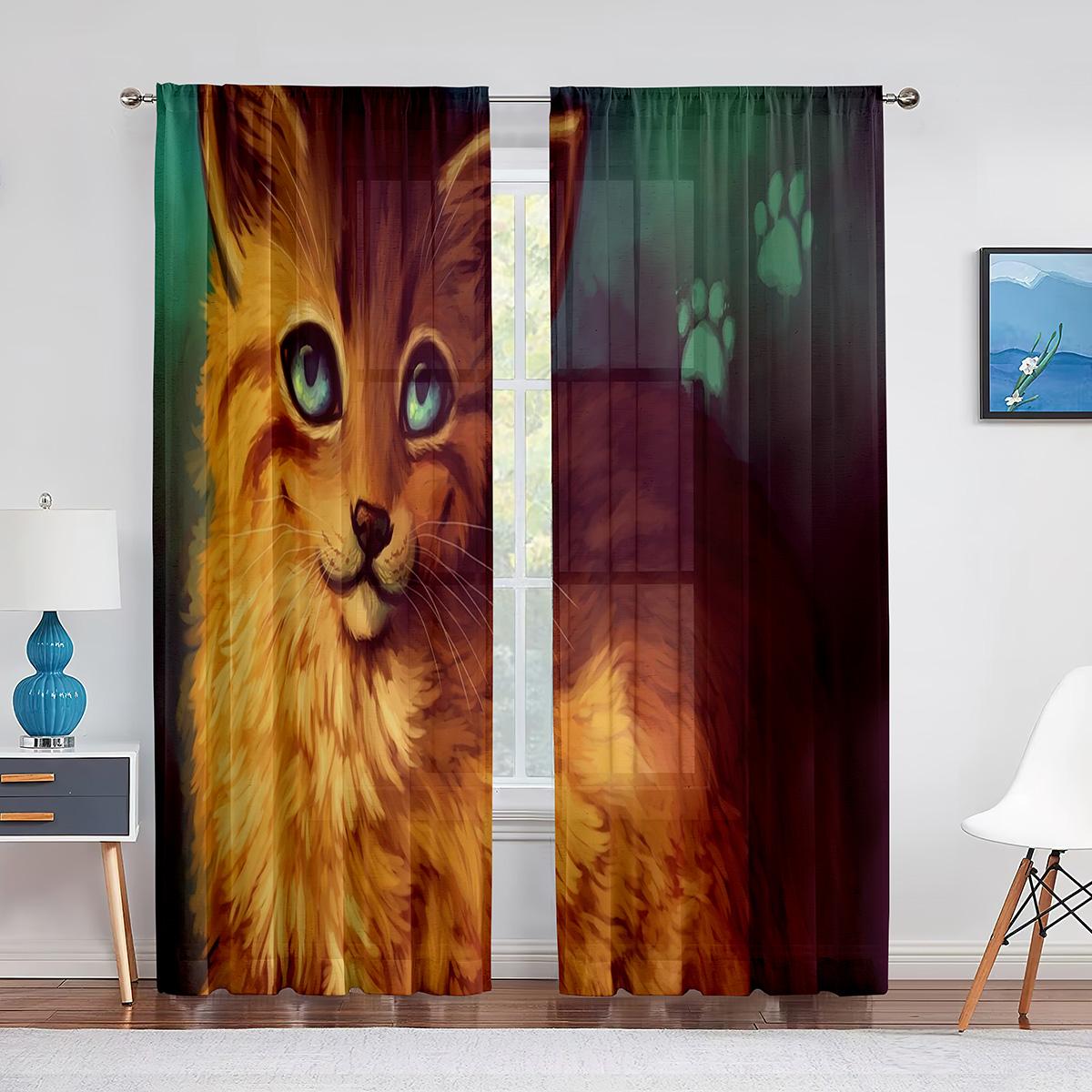 Милый Кот Золотая Рыбка Фэнтези Арт Красочные Тюлевые Шторы для Домашнего Декора Окна — фото 5
