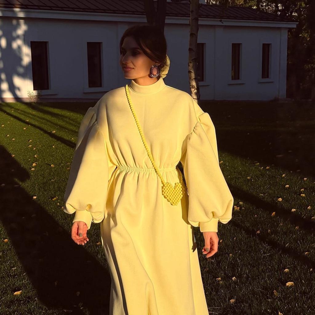 European and American women's clothing autumn and winter new fashion lantern sleeves slim casual pendulum A-shaped dress long dress