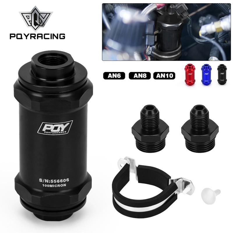 PQY BLACK AN6 / AN8 / AN10 Inline Fuel Filter E85 Ethanol With 100 Micron Stainless steel element and PQY sticker