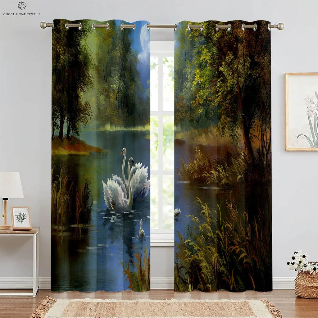 Landscape Oil Painting Decorative Curtain, 3D Printing Curtain, Studio Dormitory Bedroom Living Room, Easy To Wash and Maintain