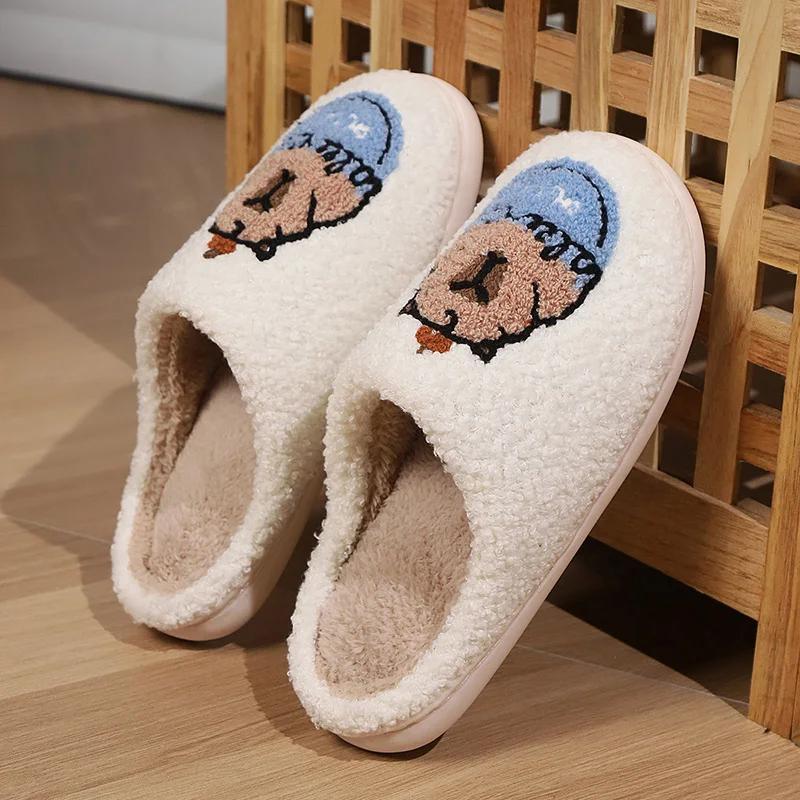 Fashion Winter Cartoon Animal Warm Fluffy Slippers Women Closed Toe Thick Plush Slides Woman Indoor Flat Heel Non-Slip Cotton Shoes