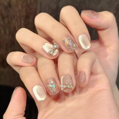 Taro Mud Polka Dot Sparkling Diamond Bow Three-dimensional Cat Eye Gentle Girl Removable Wearable Nails 30 Pieces