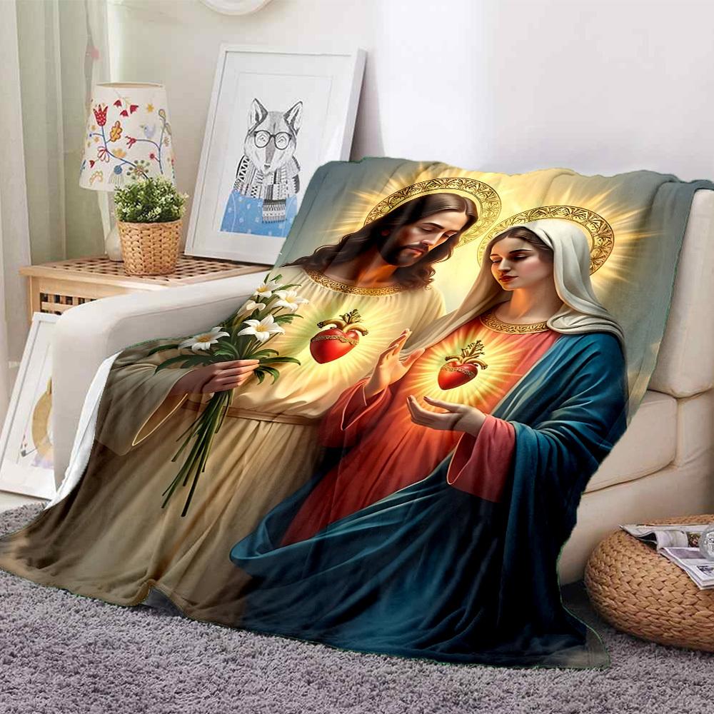 1pc Sacred Hearts Iconography Blanket, Lightweight Flannel Throw For Sofa, Bed, Travel, Camping, Livingroom, Office, Couch, Chair, And Bed,