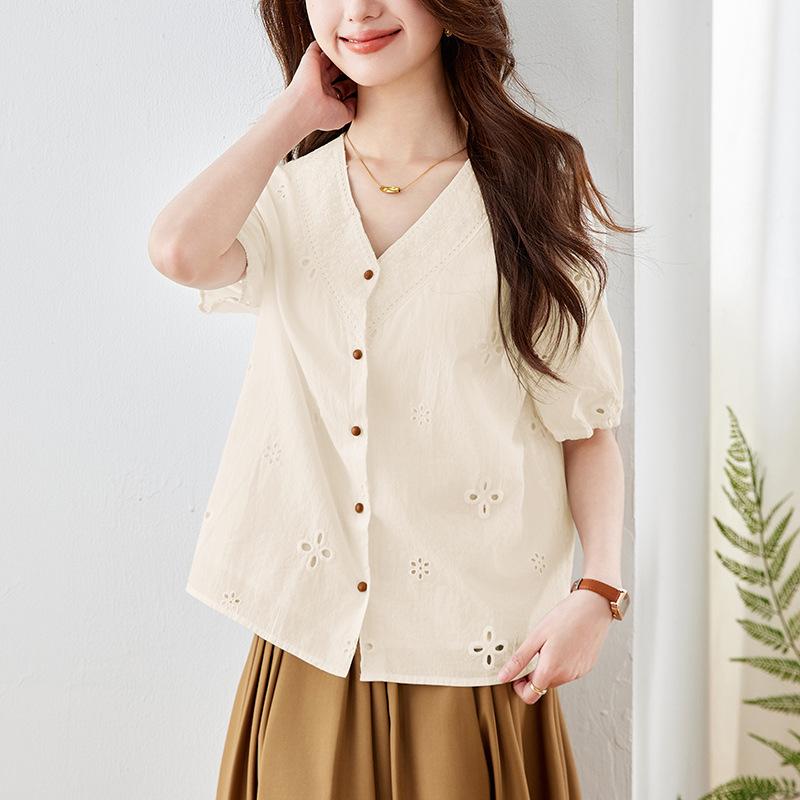 V-collar White Shirt for Women Short-sleeved Summer Clothes New Design Niche Top Pure Cotton Embroidered Shirt