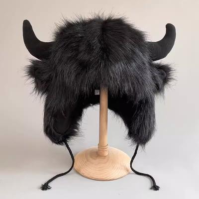 Thick Bison Hat with Horns Earflap Hat High Quality Bullhead Plush Hat